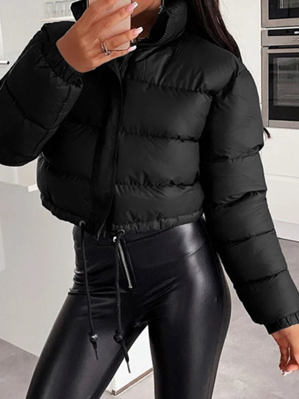 Solid Drawstring Hem Short Puffer Jacket-1