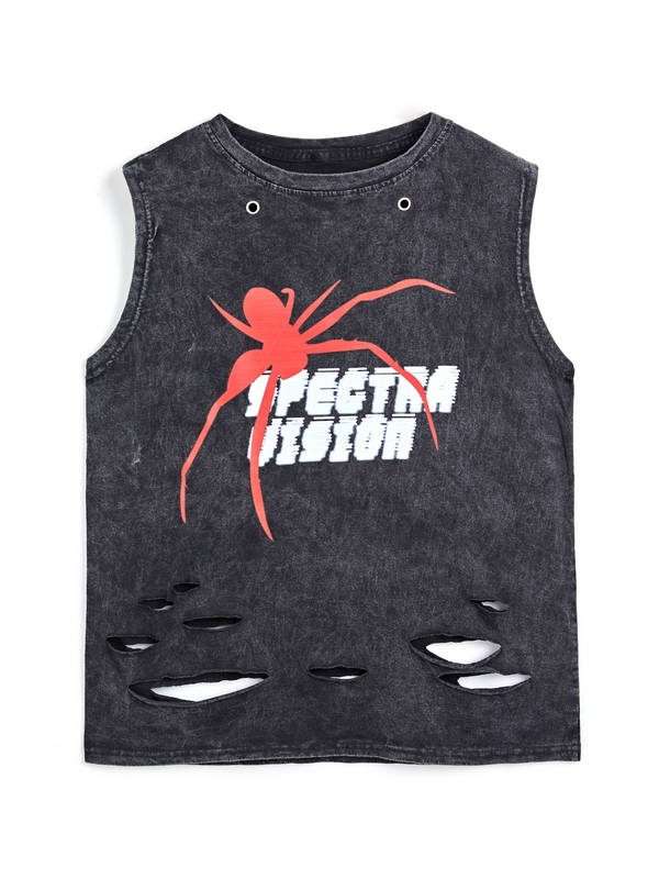 Men's Wash Distressed Spider Print Ripped Vest-3