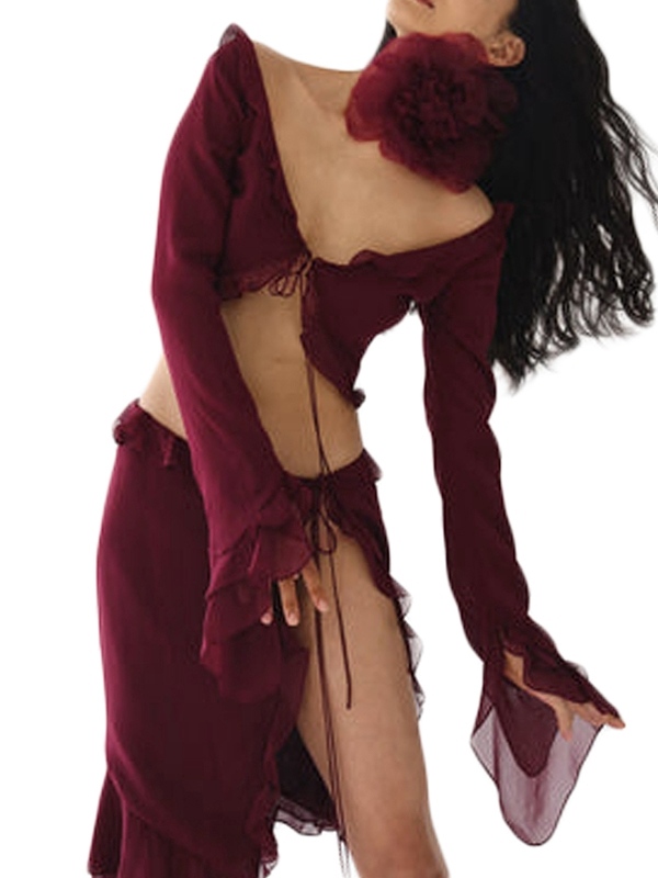 Chiffon Ruffled Trim Tie Front Long Sleeve Tee&Split Skirt Set-1