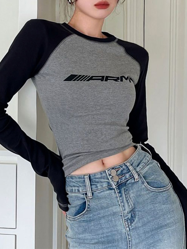 Raglan Contrast Color Slim Long Sleeve Tee-1