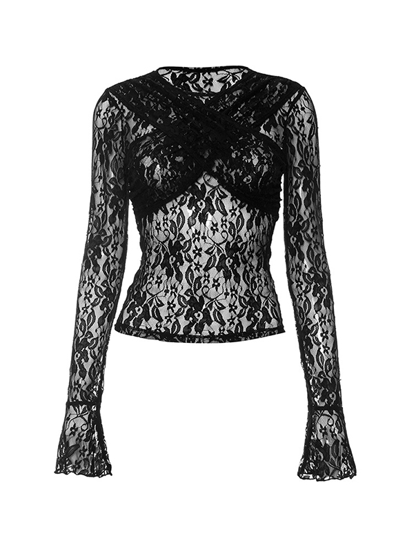 Perspective Lace Crossover Trumpet Sleeve Long Sleeve Tee-4