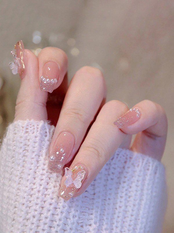 24pcs Shiny Pink Butterfly Press On Nails-1