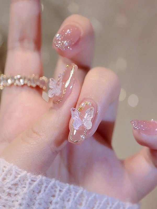 24pcs Shiny Pink Butterfly Press On Nails-2