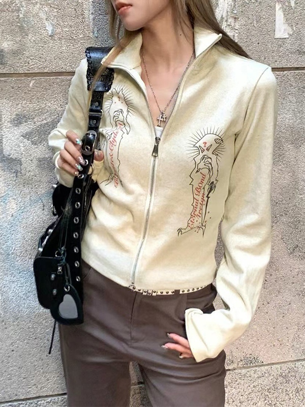 Vintage Print Lapel Neck Zip Up Long Sleeve Knit-3